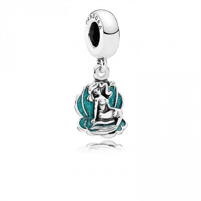 Pandora Disney-Ariel & Sea Shell Dangle Charm-Glittery Seafoam Green Enamel